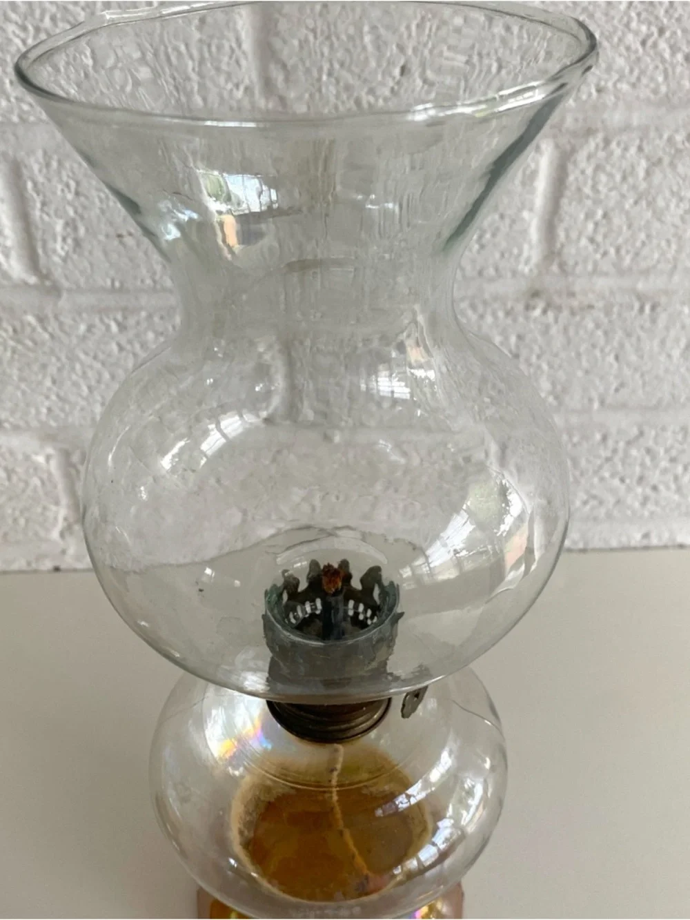 Pair of Vintage Iridescent Glass Oil Hurricane Lamps